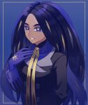  1girl black_hair black_jacket blue_background blue_eyes blue_gloves blue_shirt buttons commentary_request framed geeta_(pokemon) gloves hand_up hinato_(weeeeee_i) jacket long_hair neck_ribbon parted_lips pokemon pokemon_(game) pokemon_sv ribbon shirt smile solo upper_body yellow_ribbon 