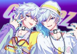  2boys absurdres blue_hair blue_jacket brothers choker group_name highres hitomi_tori jacket jewelry light_blue_hair long_sleeves looking_at_viewer medium_hair multicolored_clothes multicolored_hair multicolored_jacket multiple_boys necklace paradox_live purple_hair purple_jacket shirt short_hair short_sleeves siblings smile tongue tongue_out twins violet_eyes white_choker white_shirt yatonokami_kanata yatonokami_nayuta 