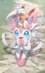  absurdres blue_eyes bow brown_eyes commentary eevee eevee_ears eevee_tail evolutionary_line fangs highres no_humans nullma open_mouth outdoors pokemon pokemon_(creature) pokemon_tail smile sylveon tail 