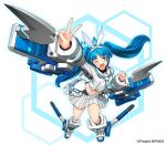  1girl armor bangs blue_eyes blue_hair long_hair looking_at_viewer mecha_musume neckerchief nipako one_eye_closed open_mouth pleated_skirt sailor_collar school_uniform serafuku simple_background skirt solo tsukinami_kousuke twintails ultimate_nipper v very_long_hair white_sailor_collar white_skirt 