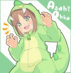  +_+ 1girl :d brown_hair character_name claw_pose commentary_request dinosaur_costume fang green_eyes hood hood_up jamo_tan long_sleeves looking_at_viewer male-female_symbol oka_asahi onesie onii-chan_wa_oshimai! open_mouth short_hair simple_background smile solo tail zipper_pull_tab 
