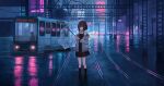 1girl bare_shoulders black_eyes black_hair catzz city cityscape coat highres holding holding_umbrella looking_at_viewer night original power_lines rain scenery shoes short_hair socks standing streetcar transparent transparent_umbrella umbrella 
