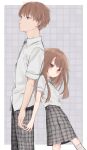  1boy 1girl age_difference back-to-back bad_id bad_twitter_id blush border brother_and_sister brown_eyes brown_hair collared_shirt expressionless feet_out_of_frame finger_touching grey_pants grey_skirt highres honnryou_hanaru long_hair looking_at_viewer looking_to_the_side original pants plaid plaid_pants plaid_skirt ruri_honjou shirt short_sleeves siblings sketch skirt white_border white_shirt 
