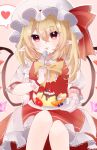  1girl :p apple apple_slice blueberry blush bow bowtie cherry chocolate collared_shirt commentary crystal flandre_scarlet food fruit gloves hair_between_eyes hat hat_ribbon heart highres holding holding_plate holding_spoon looking_at_viewer machi0309 mob_cap orange_(fruit) orange_slice plate pointy_ears pudding puffy_short_sleeves puffy_sleeves red_eyes red_ribbon red_skirt red_vest ribbon shirt short_sleeves side_ponytail sitting skirt skirt_set solo spoken_heart spoon strawberry tongue tongue_out touhou vest white_gloves white_headwear white_shirt wings yellow_bow yellow_bowtie 