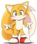  1boy animal_ears animal_nose blue_eyes blush closed_mouth commentary_request dagasi fox_boy fox_ears fox_tail full_body furry furry_male gloves highres looking_at_viewer male_focus multiple_tails red_footwear shadow shoes simple_background smile sneakers socks solo sonic_(series) standing tail tails_(sonic) two-tone_fur two_tails white_background white_fur white_gloves white_socks yellow_fur 