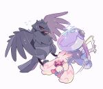  :d bird black_sclera bright_pupils colored_sclera commentary_request corviknight flying_sweatdrops hammer holding holding_hammer motion_lines no_humans open_mouth oyul_o pokemon pokemon_(creature) red_eyes smile sparkle sweat tinkaton white_pupils 
