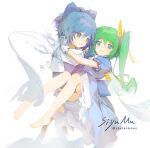  2girls adapted_costume artist_name barefoot blue_bow blue_dress blue_eyes blue_hair bow carrying cirno closed_mouth daiyousei detached_wings dress fairy green_eyes green_hair grin hair_bow highres ice ice_wings long_hair multiple_girls open_mouth princess_carry puffy_short_sleeves puffy_sleeves short_hair short_sleeves side_ponytail signature simple_background siyumu smile touhou twitter_username white_background wings 