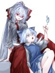  2girls :o arm_support baggy_pants between_legs blue_bow blue_dress blue_eyes blue_hair bow breasts bright_pupils cirno collared_shirt dress fujiwara_no_mokou hair_bow highres ice ice_wings large_breasts legs_together long_hair long_sleeves looking_at_another multiple_girls pants pinafore_dress pointing puffy_short_sleeves puffy_sleeves red_eyes red_pants shirt short_hair short_sleeves sidelocks sitting sitting_on_person small_breasts smile suspenders touhou very_long_hair vivo_(vivo_sun_0222) white_bow white_hair white_pupils white_shirt wings 