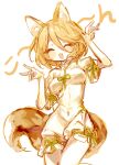  1girl :d absurdres animal_ear_fluff animal_ears bangs double_fox_shadow_puppet dress fang feet_out_of_frame fox_ears fox_shadow_puppet fox_tail hair_between_eyes happy highres kudamaki_tsukasa open_mouth short_hair short_sleeves simple_background skin_fang smile solo springarashi02 standing standing_on_one_leg tail touhou white_background 