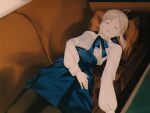  1girl artoria_pendragon_(fate) black_pantyhose blonde_hair blue_skirt chromatic_aberration closed_eyes couch fate/stay_night fate_(series) fov_ps open_mouth pantyhose pillow ribbon saber shirt skirt sleeping white_shirt 