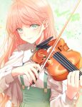  bangs bow_(music) breasts capelet chimachi choker closed_mouth collared_shirt commission dated green_eyes green_ribbon green_skirt hands_up high-waist_skirt highres holding holding_bow_(music) holding_instrument instrument long_hair long_sleeves looking_at_viewer music orange_hair original playing_instrument ribbon ribbon_choker shirt signature skeb_commission skirt small_breasts smile suspender_skirt suspenders upper_body violin white_capelet white_shirt 