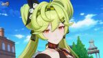  1girl ai-chan_(chrono_navi)_(honkai_impact) ai-chan_(honkai_impact) bangs close-up day eyebrows_hidden_by_hair green_hair green_headwear hair_ribbon highres honkai_(series) honkai_impact_3rd logo long_hair looking_at_viewer official_art official_wallpaper outdoors red_eyes ribbon smile solo 