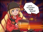  1girl :d blonde_hair bread brown_headwear cosplay elise_(fire_emblem) english_commentary english_text explosive fingernails fire_emblem fire_emblem_fates food grenade helmet high_collar holding long_hair long_sleeves mnejing30 multicolored_hair open_mouth outline smile soldier_(tf2) soldier_(tf2)_(cosplay) solo speech_bubble team_fortress_2 teeth twintails two-tone_hair upper_teeth_only very_long_hair violet_eyes white_outline 