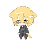  1girl animal_ears blonde_hair brown_footwear chibi coat collared_shirt commentary_request dog_ears dog_girl dog_tail don_quixote_(limbus_company) grey_coat grey_pants hair_between_eyes kemonomimi_mode kitaku_(ienikaeru) limbus_company long_sleeves looking_down necktie open_clothes open_coat orange_eyes pants project_moon red_necktie sad shirt short_hair simple_background solo tail teardrop white_background white_shirt 