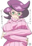  1girl arms_under_breasts big_hair blush breasts glasses green_eyes highres large_breasts li_(lithium0522) long_sleeves pink-framed_eyewear pink_sweater pokemon pokemon_(game) pokemon_sm purple_hair ribbed_sweater solo sweater translation_request turtleneck turtleneck_sweater white_background wicke_(pokemon) 