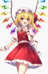  1girl blonde_hair cowboy_shot crystal flandre_scarlet hat highres long_hair mob_cap puffy_short_sleeves puffy_sleeves red_eyes red_skirt red_vest ruhika shirt short_sleeves side_ponytail skirt solo touhou vest white_headwear white_shirt wings wrist_cuffs 