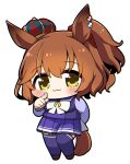  1girl :3 animal_ears aston_machan_(umamusume) bangs black_footwear blue_shirt blush brown_hair chibi closed_mouth commentary_request crown full_body green_eyes hair_between_eyes hair_ornament hair_scrunchie hand_up highres horse_ears horse_girl horse_tail looking_at_viewer mini_crown pleated_skirt plover ponytail purple_skirt purple_thighhighs red_scrunchie school_uniform scrunchie shirt shoes simple_background skirt solo tail thigh-highs tilted_headwear tracen_school_uniform umamusume white_background 