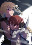  2girls artist_name bangs bare_shoulders benriya_saitou-san_isekai_ni_iku blonde_hair braid commentary_request fingerless_gloves flanril_rill_arlil from_side gloves hair_between_eyes hug long_hair looking_away medium_hair multiple_girls ninia parted_lips pointy_ears randorii redhead sidelighting sweatdrop upper_body violet_eyes 