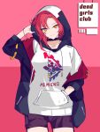  1girl absurdres bangs black_choker black_coat choker closed_mouth coat highres honkai_(series) honkai_impact_3rd hood hoodie long_sleeves looking_at_viewer murata_himeko pink_background red_background red_shorts redhead shorts smile solo sparks_summer two-tone_background white_hoodie yellow_eyes 