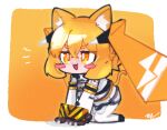  1girl :3 :d all_fours animal_ears bangs blush_stickers bodysuit cat_ears cat_girl cat_tail chibi commentary_request fangs full_body hair_between_eyes highres ine_2 kemonomimi_mode long_hair long_sleeves mochibe_(ine_2) orange_background orange_eyes orange_hair original short_eyebrows signature smile solo tail thick_eyebrows twintails two-tone_background very_long_hair white_background white_bodysuit 