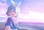  1girl arona_(blue_archive) artist_request beach blue_archive blue_hair blue_serafuku blue_shirt blurry blurry_background bow bow_hairband braid choker clouds cloudy_sky colored_inner_hair facing_viewer game_cg hair_over_one_eye hairband halo highres light_blue_hair long_sleeves multicolored_hair official_art open_mouth puffy_long_sleeves puffy_sleeves ribbon sailor_collar school_uniform serafuku shirt single_braid sky solo white_bow white_choker white_hairband white_ribbon white_sailor_collar 