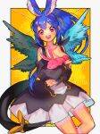  1girl absurdres angel_wings animal_ears aqua_wings asymmetrical_wings black_dress blue_hair bow breasts dark_blue_hair detached_sleeves dizzy_(guilty_gear) dress feathered_wings green_wings guilty_gear guilty_gear_vastedge_xt hair_bow hair_ribbon high_ponytail highres large_breasts long_hair long_sleeves looking_at_viewer official_alternate_costume open_mouth rabbit rabbit_ears red_eyes ribbon tail tail_ornament tail_ribbon wings yellow_bow yellow_ribbon yohane_shimizu 