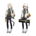  1girl absurdres arms_at_sides black_bodysuit blonde_hair bodysuit breasts case commentary dzhangfu5033 full_body highres holding_case hood hood_up long_hair looking_at_viewer original shrug_(clothing) small_breasts standing symbol-only_commentary variations yellow_eyes 
