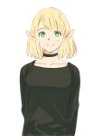  1girl alternate_hair_length alternate_hairstyle arms_behind_back bangs black_shirt blonde_hair bob_cut breasts closed_mouth dungeon_meshi frs2 green_eyes highres long_sleeves looking_at_viewer marcille shirt short_hair simple_background solo upper_body white_background 