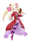  1girl beatrice_(re:zero) blonde_hair blue_eyes book capelet dress drill_hair full_body furanpa_mugiuta hair_ribbon highres long_hair looking_at_viewer re:zero_kara_hajimeru_isekai_seikatsu red_dress ribbon sidelocks simple_background solo standing striped striped_thighhighs symbol-shaped_pupils thigh-highs twin_drills white_background 