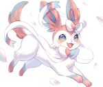  commentary_request falling_petals fangs from_side green_eyes highres no_humans open_mouth petals pokemon pokemon_(creature) riru_maru08 solo sylveon tongue white_background white_fur 