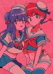  2girls blue_sailor_collar blue_skirt blush_stickers bow breasts hat highres menma_(enaic31) multiple_girls navel open_mouth ranma-chan ranma_1/2 red_bow red_eyes red_ribbon redhead ribbon sailor_collar sailor_hat shampoo_(ranma_1/2) shorts skirt white_sailor_collar white_shorts 