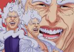  1boy english_commentary gear_fifth highres ibumuc laughing laughing_tom_cruise_(meme) male_focus meme monkey_d._luffy on_chair one_piece open_clothes open_mouth parody scar scar_on_chest scar_on_face shirt smoke teeth thick_eyebrows tongue wavy_hair white_hair white_shirt 