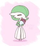  1girl =_= bangs blush bob_cut border bouquet chibi closed_eyes colored_skin commentary flat_chest flower full_body gardevoir gardevoir_day green_hair green_skin hair_over_one_eye hands_up happy highres holding holding_bouquet light_blush multicolored_skin odd_eye_masao one_eye_covered open_mouth pink_background pink_flower pokemon pokemon_(creature) red_flower short_hair simple_background sketch smile solo standing translated translation_request two-tone_skin white_border white_skin 