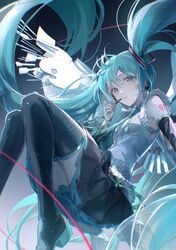  1girl 39 absurdres bangs black_background black_footwear blue_eyes blue_hair blue_nails blue_necktie blue_skirt blush boots breasts collared_shirt detached_sleeves fingernails flying gradient_background grey_background grey_shirt hair_between_eyes hair_ornament hand_up hatsune_miku headphones highres long_hair long_sleeves looking_at_viewer medium_breasts microphone miku_day miniskirt nail_polish necktie number_tattoo oyuyu shirt skirt solo tattoo teeth twintails vocaloid wide_sleeves 