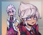  1boy 1girl academy_vladimir bangs character_request collared_shirt earrings fiora_(league_of_legends) glasses grey_hair hand_on_hip headmistress_fiora jacket jewelry league_of_legends long_sleeves looking_at_viewer lower_teeth_only neck_ribbon necktie official_alternate_costume open_clothes open_jacket phantom_ix_row pink_eyes pink_ribbon pink_skirt red_necktie ribbon semi-rimless_eyewear shirt short_hair skirt teeth vladimir_(league_of_legends) white-shirt white_jacket 