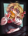  1girl bangs black_skirt black_vest blonde_hair bread burger buttons cheese collared_shirt commentary_request cowboy_shot eating food hair_between_eyes hair_ribbon highres long_sleeves meat messy_hair necktie open_mouth red_eyes red_necktie red_ribbon ribbon rumia sharp_teeth shioshio_(betabetarimocon) shirt shirt_tucked_in short_hair skirt skirt_set solo teeth touhou vest white_shirt 
