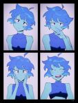  1girl ^_^ black_border blue_eyes blue_hair blue_skin blush border closed_eyes closed_mouth colored_skin expressions hands_on_own_cheeks hands_on_own_face head_tilt highres lapis_lazuli_(steven_universe) laughing looking_at_viewer nano8 panels parted_lips simple_background sleeveless smile steven_universe upper_body 