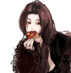  absurdres black_eyes black_shirt brown_coat brown_hair coat commentary danielle_(newjeans) eating food fur_coat highres holding holding_food jiu_hao_taiyang_de_shexian k-pop long_hair looking_to_the_side newjeans pizza pizza_slice portrait real_life shirt simple_background sketch symbol-only_commentary white_background white_nails 
