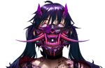  ahoge artist_request character_request chest_tattoo close-up copyright_name copyright_request food gas_mask highres horns long_hair looking_at_viewer mask mouth_mask non-web_source oni oni_horns onigiri purple_hair source_request tattoo teeth twintails upper_body 