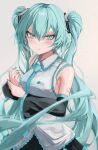  1girl aqua_eyes aqua_hair aqua_necktie bangs breasts closed_mouth detached_sleeves grey_background hatsune_miku headset highres holding_own_wrist kawasuru_(15miclon) looking_at_viewer necktie number_tattoo shirt simple_background solo tattoo twintails upper_body vocaloid white_shirt 