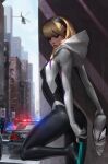  1girl absurdres aircraft blonde_hair building car cityscape gwen_stacy helicopter highres jee-hyung_lee marvel motor_vehicle outdoors police_car sky spider-gwen spider-man_(series) 