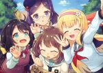  4girls black_hair blonde_hair blue_eyes blue_sky blush closed_eyes ensemble_girls! glasses head_tilt headband hino_kurumi hisayoshi_(hisa) kijishi_sumire kimisaki_school_uniform kobato_azusa kumasawa_himeno long_hair looking_at_viewer low_ponytail multiple_girls open_mouth pink_headband purple_hair school_uniform short_hair sky smile violet_eyes 