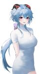  1girl :d absurdres arms_behind_back bangs blue_hair blush bodysuit bow breasts covered_navel ganyu_(genshin_impact) genshin_impact goat_horns hair_between_eyes hee_(user_ykux4248) highres horns large_breasts long_hair looking_at_viewer low_ponytail open_mouth purple_bow sidelocks simple_background smile solo teeth upper_body upper_teeth_only very_long_hair violet_eyes white_background white_bodysuit 