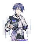  1boy belt black_coat black_pants character_name coat genshin_impact grey_belt long_sleeves looking_at_viewer male_focus multicolored_coat netsus3 pants purple_hair scaramouche_(genshin_impact) short_hair smile solo teeth violet_eyes white_background white_coat 