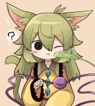  ? @_@ animal_ears black_eyes blush blush_stickers buttons cat_ears cat_girl cat_tail cat_teaser cheek_poking clenched_hand diamond_(shape) diamond_button frilled_shirt frilled_shirt_collar frilled_skirt frilled_sleeves frills green_fur green_hair highres komeiji_koishi long_hair long_sleeves one_eye_closed poking shirt simple_background skirt sleeves_past_wrists speech_bubble tail third_eye touhou yellow_shirt zunusama 