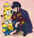  1girl 3boys black_eyes black_hair bouquet crossover eboshi flower full_body goggles hair_ribbon hakama hakama_pants headpat heterochromia highres holding holding_bouquet japanese_clothes kimono long_hair looking_at_another minion_(despicable_me) minions_(movie) mononoke_hime multiple_boys open_mouth pants pink_ribbon red_lips ribbon rikaco1988 sidelocks smile squatting wide_sleeves yellow_flower 