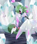  1boy 1girl ariumu bangs black_sclera black_skin blue_hair blurry blurry_background blurry_foreground closed_mouth colored_sclera colored_skin commentary_request defeat double-blade eye_contact from_side full_body gallade glowing glowing_weapon green_hair green_skin grey_hair hands_up highres humanoid_robot iron_valiant kneeling looking_at_another looking_down looking_up lying medium_hair mohawk multicolored_hair multicolored_skin on_back on_ground pink_eyes pixel_eyes pokemon pokemon_(creature) red_eyes redhead robot robot_girl short_hair twintails two-tone_hair two-tone_skin weapon white_gemstone white_skin 