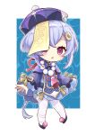  1girl absurdres bangs blue_shorts braid cape capelet chibi coin_hair_ornament commentary_request full_body genshin_impact hair_between_eyes hair_ornament hat highres jiangshi long_hair long_sleeves looking_at_viewer low_ponytail ofuda parted_lips pone_(user_smrj2588) purple_hair qing_guanmao qiqi_(genshin_impact) shorts sidelocks simple_background single_braid solo standing thigh-highs violet_eyes vision_(genshin_impact) white_thighhighs wide_sleeves zettai_ryouiki 