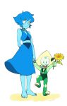  2girls barefoot blonde_hair blue_eyes blue_hair blue_sarong blue_skin closed_mouth colored_skin commentary crop_top flower green_skin highres holding holding_flower lapis_lazuli_(steven_universe) light_blush looking_at_another looking_at_viewer multiple_girls nano8 peridot_(steven_universe) sarong short_hair signature simple_background sleeveless smile steven_universe sunflower symbol-only_commentary white_background 