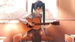  1girl acoustic_guitar backlighting black_skirt black_thighhighs blue_eyes blue_nails blurry cherry_blossoms collared_shirt crypton_future_media depth_of_field desk guitar hatsune_miku instrument interior light_rays long_hair looking_at_object music on_desk open_mouth playing_instrument pleated_skirt red_ribbon reirou_(chokoonnpu) ribbon school_uniform shirt sitting sitting_on_desk skirt solo sunbeam sunlight sweater_vest thigh-highs twintails very_long_hair vocaloid 
